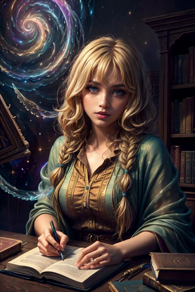 (best quality, masterpiece:1.3), 1 girl, adult (elven:0.7) woman, freckles, light blue eyes, blonde fishtail braid,, portrait, solo, (full body:0.6), looking at viewer, detailed background, detailed face, intricate details, (hogwarts theme:1.1) scholar sitting at desk, reading, lost in thought, surrounded by books, papers, notes, scrolls, swirling magical symbols, magic texts, runes, ledger, cryptic device, (style-swirlmagic:1.0), ancient magic, knowledge, thought, library in background, ethereal atmosphere,, <lora:MahabharataPunkAI:0.6>, MahabharataPunkAI, <lora:add_detail:1>