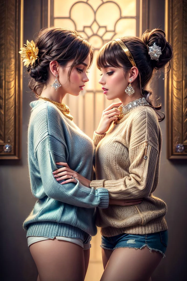 (best quality, photorealistic, masterpiece:1.3), 2girls kissing each other wearing shorts and oversized sweater, gold details ,intricate details, (diamonds:1.5), flowered pattern, <lora:MahabharataPunkAI:0.6>, MahabharataPunkAI, <lora:add_detail:1>