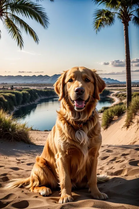 (best quality, photorealistic, hyper realistic, masterpiece:1.3), (a photo of a golden retriever), cute and adorable, high quality, highres, 4k, 8k, film grain, osasis, lake, dunes on the background, palm trees, <lora:add_detail:0.6>