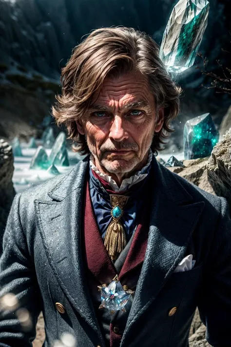 (best quality, masterpiece:1.3), (1man, old male:1.2), hazel eyes, dark red hair, fade with sideburns,, Walking with a prancing step, portrait, looking down, solo, half shot, detailed background, close up, cold detailed face, (victorian theme:1.1), crystal wizard, dynamic pose, earth themed clothes, crystal crown, rocks floating in the air, glowing magical minerals, surrounded by blue minerals, jade, rock formations, crystalline pattern, magical floating particles, crystal dust, icy landscape background, magical epic ethereal atmosphere, , <lora:totempunkai_v20:0.5>, totempunkai, <lora:add_detail:1>,