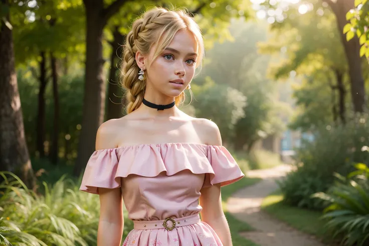 (masterpiece, best quality), 1girl, intricate details, print, earrings, freckles, upper body, bokeh, dappled sunlight, blonde, off shoulder, high-waist skirt, choker, looking at viewer, french braid, bangs, clothing cutout, glitter, particles, strap slip, barbie, pink dress