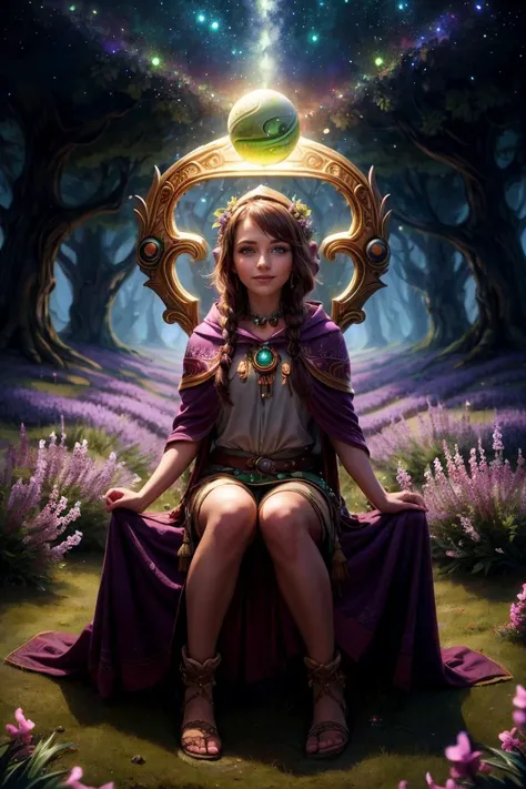 (best quality, masterpiece:1.3), 1 girl, adult (elven:0.7) woman, grey-blue eyes, dark brown fringe hair,, Sitting with legs outstretched, hands on ankles, character focus portrait, solo, (full body:0.6), looking down, detailed background, detailed face, (<lora:CulturePunkBundle:0.5>, tikiai, tiki theme:1.1), warm smile, forest druid, wearing natural colored brown clothes, hood, leather, calm posture, restoration spell, spell, green magic glow, glowing orbs, nature magic, (Style-SwampMagic:0.4), floating particles, moss, rocks, purple flowers, lavenders, starry sky, bloom, valleys in background, ethereal peaceful atmosphere, , <lora:TerranAIv2:0.5>, TerranAI, starcraft, <lora:add_detail:1>,
