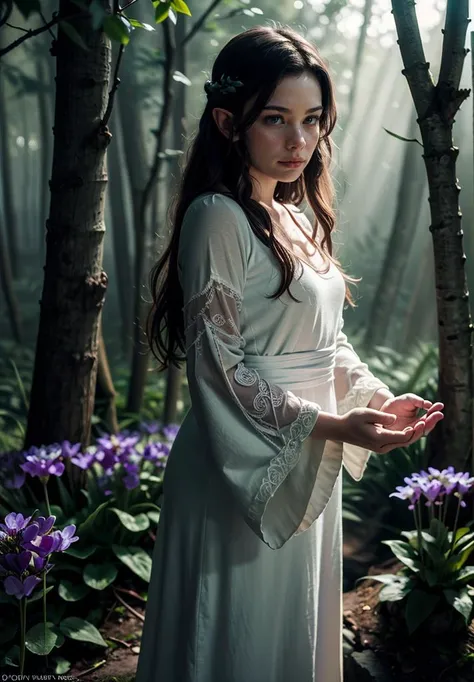 (best quality, photorealistic, masterpiece:1.3), character focus portrait, solo, (full body:0.6), looking at viewer, detailed background, detailed face,
(<lora:BiophyllTech:0.6>, fully-organic, BiophyllTech theme:1.1), serene expression, forest druid, calm posture, healing magic, runes, magic , glowing orbs, nature magic,
(style-swirlmagic:0.8), rock, glowing red flowers, violets, rays of light, dense forest in background, ethereal atmosphere, earth tones,, highly detailed textures, intricate details, <lora:AntimatterTech-20:0.5>, antitech, antimatter,
<lyco:livtyler_lycoris_01-000003:1>, livtyler-smf, 1girl, solo, long hair, dress, black hair, own hands together, standing, realistic, wide sleeves, looking at viewer, simple background, white background, green dress, tlotr-outfit