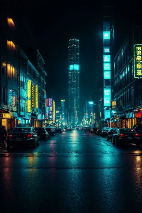 A beautiful street scape at night, dramatic lighting, cinematic, high details, photorealism, digital painting, chiaroscuro image, ultrarealistic raytrace, DSLRQuality-Realism, detailed background, neostyle, cityscape, scenery