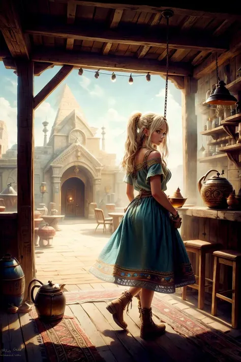 (best quality, masterpiece:1.3), 1 girl, adult (elven:0.7) woman, black eyes, platinum blonde textured hair,, Walking with hands swinging by sides, portrait, solo, half shot, looking at viewer, detailed background, detailed face, (<lora:BohoAI:0.6>, bohoai, boho theme:1.1) server, simple light blue clothes, rustic pub interior in background, worn out wooden beams, rust, wall-decorations, clutter, keg, pitcher, bowl, fantasy atmosphere,, <lyco:CulturePunkBundle-000007:0.5>, OldEgyptAI, ancient egyptian, <lora:add_detail:1>,