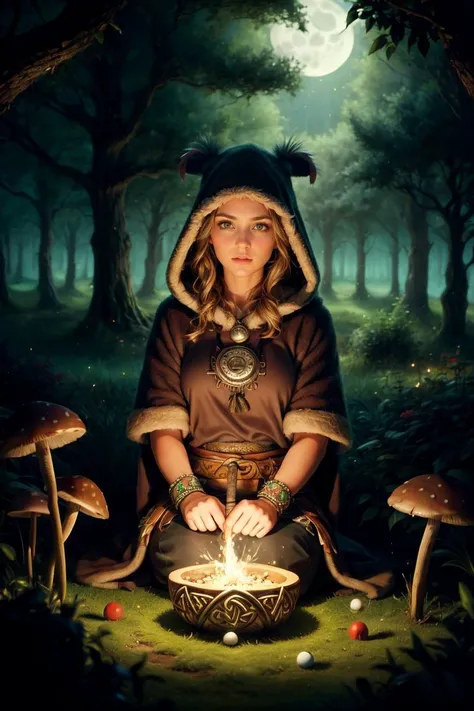 (best quality, masterpiece:1.3), 1 girl, adult woman, black eyes, gray blowout hair,, Pretending to swing a golf club, character focus portrait, solo, (full body:0.6), looking at viewer, detailed background, detailed face, (tribal celtic barbarian theme:1.1), forest druid, wearing natural colored brown robes, hood, fur-lined, feathers, healing magic, spell, floating particles, roots, branches, stones, mushrooms, bushes, moonlight, filtered light, sacred grove in background, ethereal atmosphere, , <lora:CnCGDIAIv2:0.6>, CnCGDIAI, <lora:add_detail:1>,