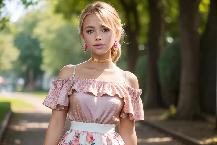 (masterpiece, best quality), 1girl, intricate details, print, earrings, freckles, upper body, bokeh, dappled sunlight, blonde, off shoulder, high-waist skirt, choker, looking at viewer, french braid, bangs, clothing cutout, glitter, particles, strap slip, barbie, pink dress