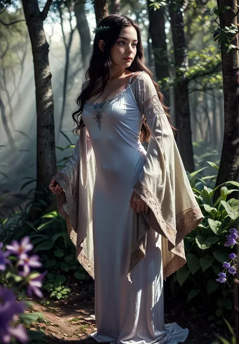 (best quality, photorealistic, masterpiece:1.3), character focus portrait, solo, (full body:0.6), looking at viewer, detailed background, detailed face,
(<lora:BiophyllTech:0.6>, fully-organic, BiophyllTech theme:1.1), serene expression, forest druid, calm posture, healing magic, runes, magic , glowing orbs, nature magic,
(style-swirlmagic:0.8), rock, glowing red flowers, violets, rays of light, dense forest in background, ethereal atmosphere, earth tones,, highly detailed textures, intricate details, <lora:AntimatterTech-20:0.5>, antitech, antimatter,
<lyco:livtyler_lycoris_01-000003:1>, livtyler-smf, 1girl, solo, long hair, dress, black hair, own hands together, standing, realistic, wide sleeves, looking at viewer, simple background, white background, green dress, tlotr-outfit
