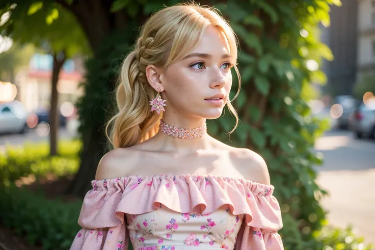 (masterpiece, best quality), 1girl, intricate details, print, earrings, freckles, upper body, bokeh, dappled sunlight, blonde, off shoulder, high-waist skirt, choker, looking at viewer, french braid, bangs, clothing cutout, glitter, particles, strap slip, barbie, pink dress