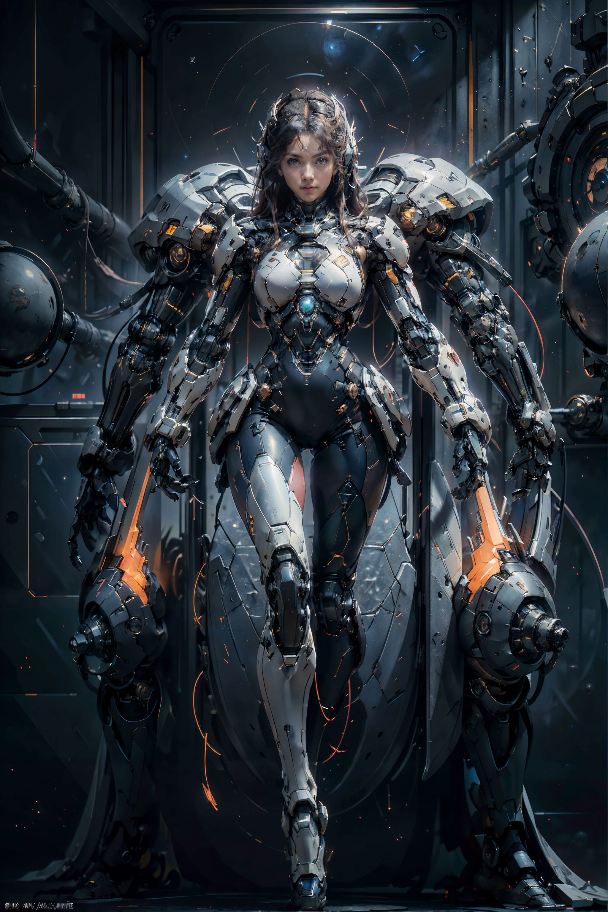 (8k,RAW photo,best quality, masterpiece:1.2),physically-based rendering,tyndall effect,surface reflection,looking at viewer,Long Shot,depth of field,(Mecha:1.1),full body,solo,gun metal armor,matt color,scientific discoveries,pastel colors,scifi,space,moon,planet,<lora:universe:0.6:bg>,<lora:XTWg:u2:0.7>,<lora:FINAL Robort:0.4>,