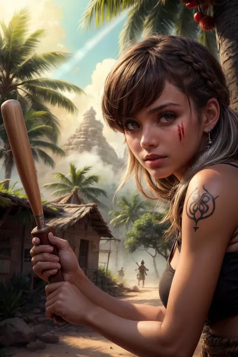 (best quality, masterpiece:1.3), 1 girl, adult woman, silver eyes, light brown blowout hair,, Pretending to hit a baseball, solo, upper body, looking at viewer, detailed background, detailed face, (<lora:lora:Dra9onScaleAI:0.5>, Dr490nSc4leAI theme:1.1) aggressive feral jungle fighter, dark brown tribal clothing, warpaint, tribal tattoos, feathers, blood, bloodthirsty, tropical climate, defensive stance, stone knife, exotic trees, stones, mysterious, village in background, humid climate, sunshine, cinematic atmosphere,, <lyco:SteamPunkBundle2v:0.5>, ManyPipesAI, <lora:add_detail:1>,