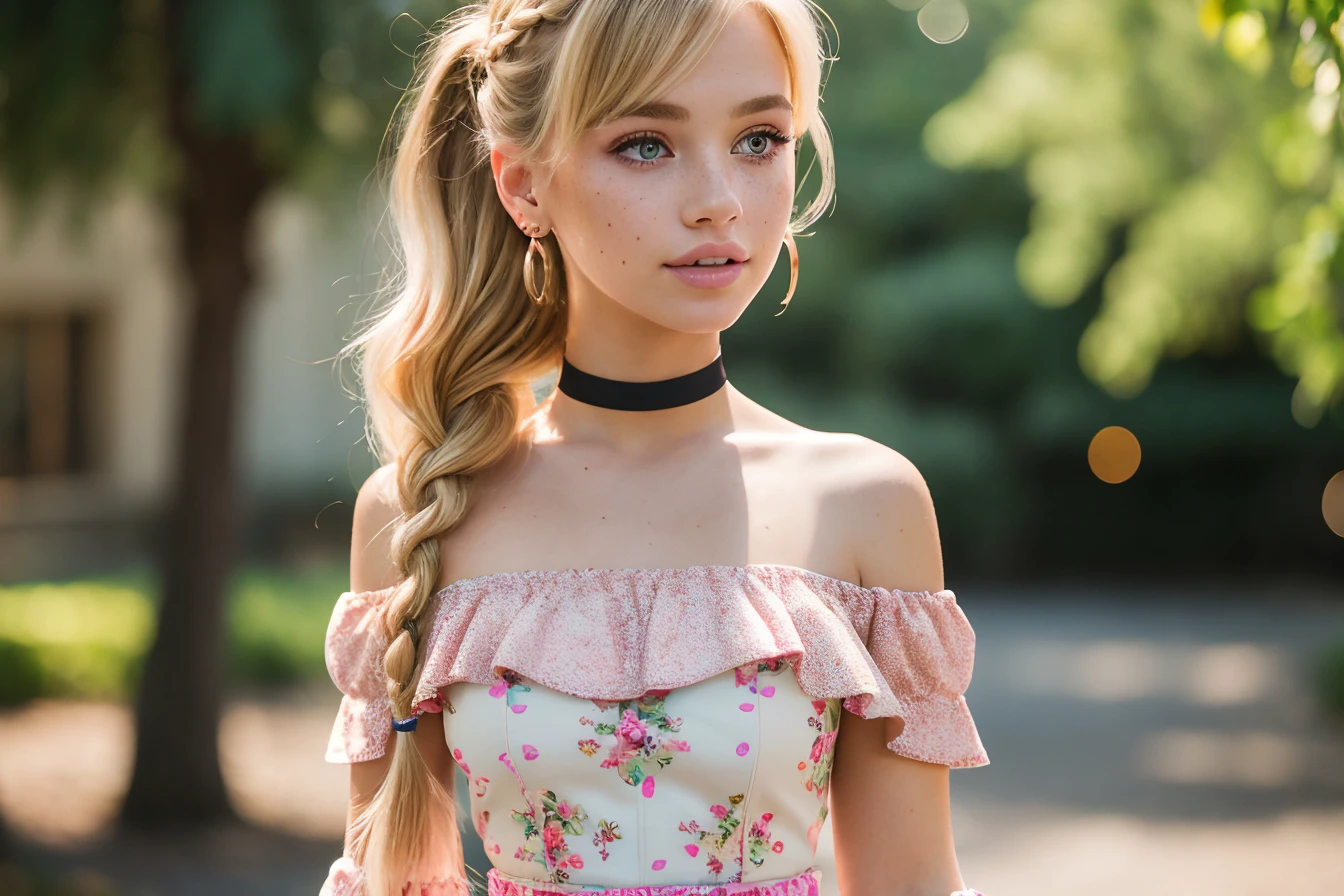 (masterpiece, best quality), 1girl, intricate details, print, earrings, freckles, upper body, bokeh, dappled sunlight, blonde, off shoulder, high-waist skirt, choker, looking at viewer, french braid, bangs, clothing cutout, glitter, particles, strap slip, barbie, pink dress