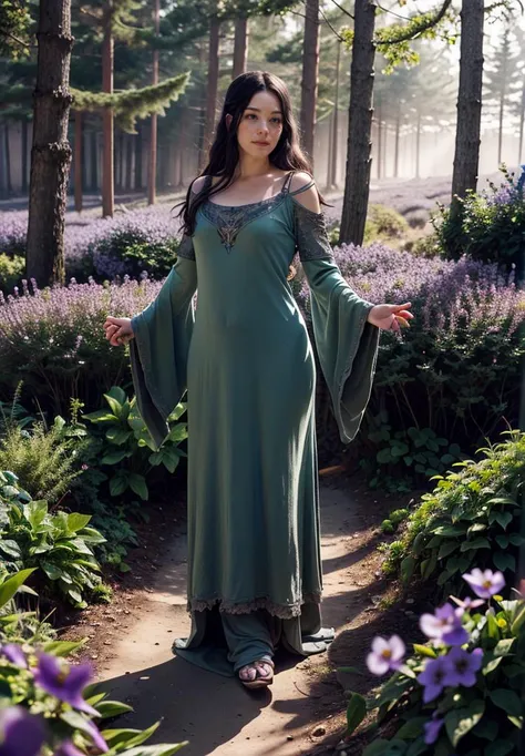(best quality, photorealistic, masterpiece:1.3), character focus portrait, solo, (full body:0.6), looking at viewer, detailed background, detailed face,
(<lora:BiophyllTech:0.6>, fully-organic, BiophyllTech theme:1.1), serene expression, forest druid, calm posture, healing magic, runes, magic , glowing orbs, nature magic,
(style-swirlmagic:0.8), rock, glowing red flowers, violets, rays of light, dense forest in background, ethereal atmosphere, earth tones,, highly detailed textures, intricate details, <lora:AntimatterTech-20:0.5>, antitech, antimatter,
<lyco:livtyler_lycoris_01-000003:1>, livtyler-smf, 1girl, solo, long hair, dress, black hair, own hands together, standing, realistic, wide sleeves, looking at viewer, simple background, white background, green dress, tlotr-outfit