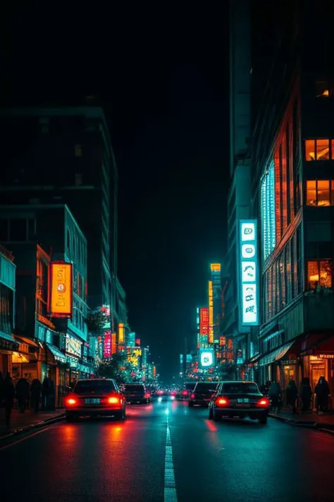 A beautiful street scape at night, dramatic lighting, cinematic, high details, photorealism, digital painting, chiaroscuro image, ultrarealistic raytrace, DSLRQuality-Realism, detailed background, neostyle, cityscape, scenery, high dynamic range photo,