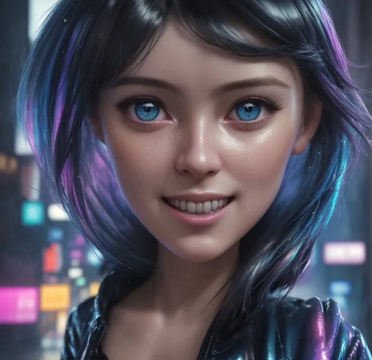 masterpiece, best quality, octane render, half body, portrait, night city, 1girl, , 3D, Japan, realistic, girl, smiling, cute face, harajuku fashion style, rain coat, beautiful, colourful, neon lights, cyberpunk, smooth skin, illustration, artstation, painting by stanley artgerm lau, sideways glance, foreshortening, extremely detailed 8K, smooth, high resolution, ultra quality, highly detail eyes, highly detail mouth, highly detailed face, perfect eyes, both eyes are the same, true light, glare, Iridescent, Global illumination, real hair movement, real light, real shadow, real face, hd, 2k, 4k, 8k, 16k, realistic