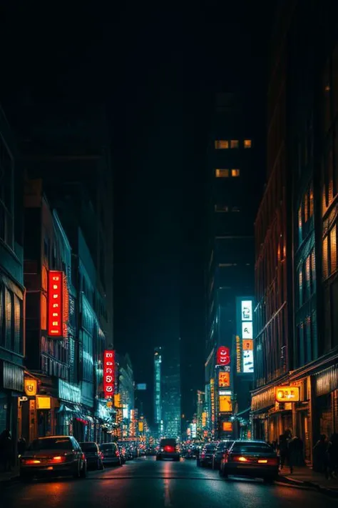 A beautiful street scape at night, dramatic lighting, cinematic, high details, photorealism, digital painting, chiaroscuro image, ultrarealistic raytrace, DSLRQuality-Realism, detailed background, neostyle, cityscape, scenery, high dynamic range photo,