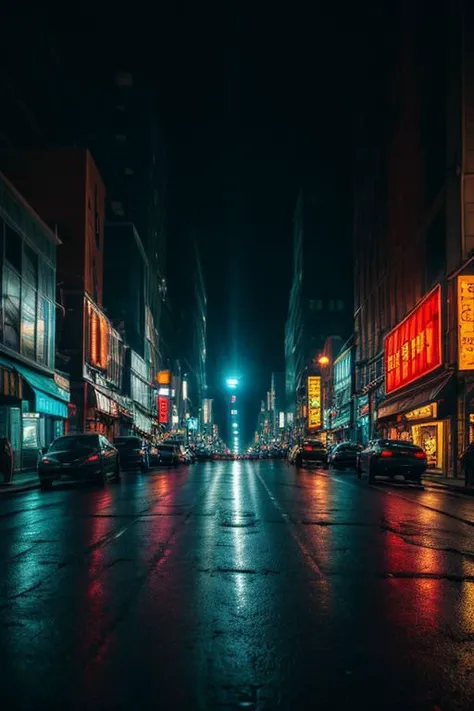 A beautiful street scape at night, dramatic lighting, cinematic, high details, photorealism, digital painting, chiaroscuro image, ultrarealistic raytrace, DSLRQuality-Realism, detailed background, neostyle, cityscape, scenery, high dynamic range photo,