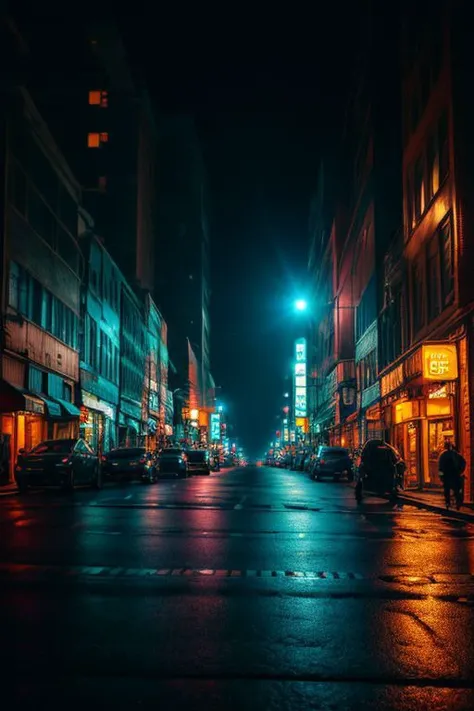 A beautiful street scape at night, dramatic lighting, cinematic, high details, photorealism, digital painting, chiaroscuro image, ultrarealistic raytrace, DSLRQuality-Realism, detailed background, neostyle, cityscape, scenery