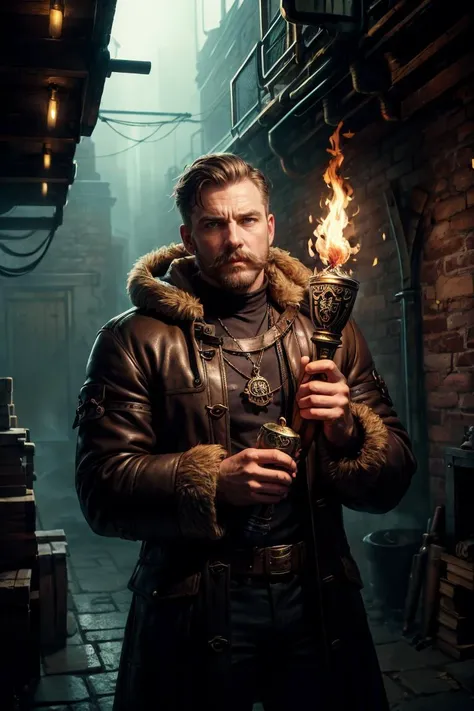 (best quality, masterpiece:1.3), (1man, muscular adult welsh male:1.2), brown eyes, medium brown hair, long mustache,, Balancing with arms outstretched, mimicking a bird in flight, (style-rustmagic:0.8), portrait, looking down, solo, upper body, detailed background, (victorian theme:1.1), hexbreaker, serious expression, silver trimmed intricate padded leather clothes, coat, straps, belts, skull symbols, pockets, buckles, thick flaming (medieval:1.1) wooden torch, imperial seal, flasks, gunpowder, dark cellar in background, winter, mysterious atmosphere, dark lighting, shadows, warhammer dark fantasy,, <lora:CyberPunkAI:0.6>, CyberpunkAI, <lora:add_detail:1>,