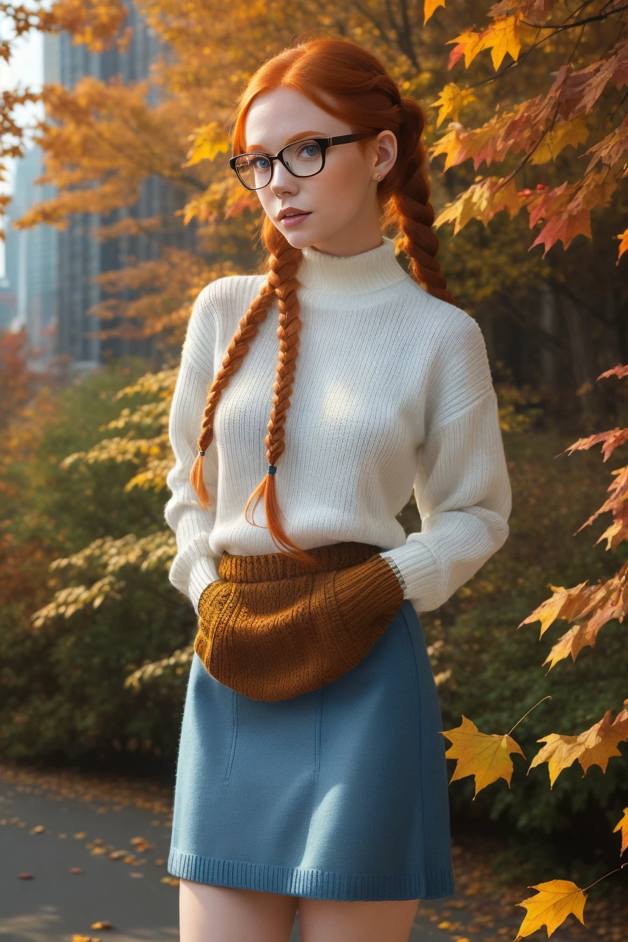 (masterpiece,best quality:1.5), woman with white hair, straight hair, blue clothes, holding a sword, in the style of dark azure and light azure, mixes realistic and fantastical elements, vibrant manga, uhd image, glassy translucence, vibrant illustrations, ultra realistic, long hair, straight hair, portrait, mysterious forest, firefly, bokeh, mysterious, night, sky, cloud, eyes detail, beautiful eyes, light in eyes, upper body, (medium shot:1.4), woman, long hair, (pale skin:1.1), (smirk:0.5), (white knit sweater:1.2), (black canvas skirt:1.3), pantyhose, glasses, eyeglasses, one hand on hip, hand on waist, (autumn, fall colors, leaves falling:1.25), (beautiful, gorgeous:1.2), (redhead, ginger hair:1.3), (braided ponytail:1.3), (looking at viewer:1.4), detailed background, standing on the sidewalk, parked cars, (city skyscrapers:1.2), RAW photo, subject, 8k uhd, dslr, soft lighting, high quality, film grain, Fujifilm XT3, (fcPortrait:1.25)