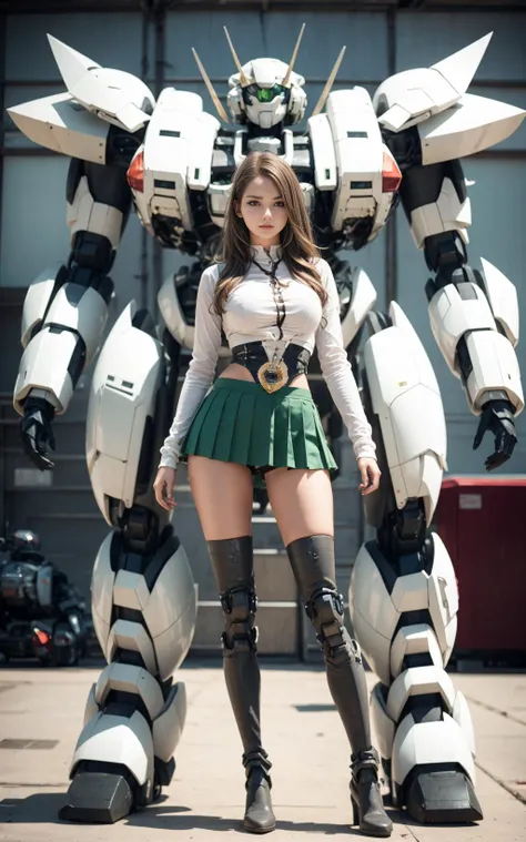 Photo of a nerdy woman standing infront of an exceptionally large heavy mecha in the background. super_mecha in the background, (22 years old woman), medium breast, small waist, brown hair, green eyes, perfect illumination, beautiful detailed, full body, pleated skirt, long boots, blurry. super_mecha, <lora:super mecha_20230606112241:0.8>