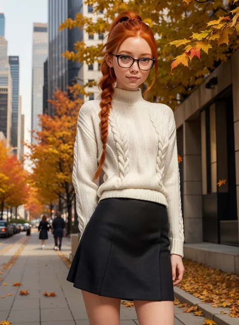 (medium shot:1.4), woman, long hair, (pale skin:1.1), (smirk:0.5), (white knit sweater:1.2), (black canvas skirt:1.3), pantyhose, glasses, eyeglasses, one hand on hip, hand on waist, (autumn, fall colors, leaves falling:1.25), (beautiful, gorgeous:1.2), (redhead, ginger hair:1.3), (braided ponytail:1.3), (looking at viewer:1.4), detailed background, standing on the sidewalk, parked cars, (city skyscrapers:1.2), RAW photo, subject, 8k uhd, dslr, soft lighting, high quality, film grain, Fujifilm XT3, (fcPortrait:1.25)