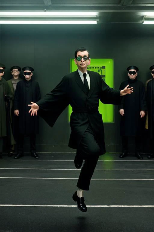 mr bean in the matrix, fighting, sunglasses, green informatic code, guns, jumping from rooftop, black priest robe