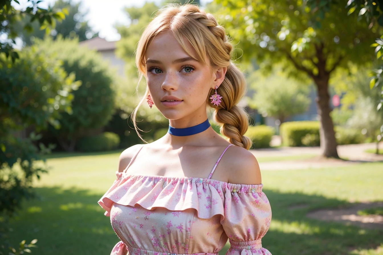 (masterpiece, best quality), 1girl, intricate details, print, earrings, freckles, upper body, bokeh, dappled sunlight, blonde, off shoulder, high-waist skirt, choker, looking at viewer, french braid, bangs, clothing cutout, glitter, particles, strap slip, barbie, pink dress