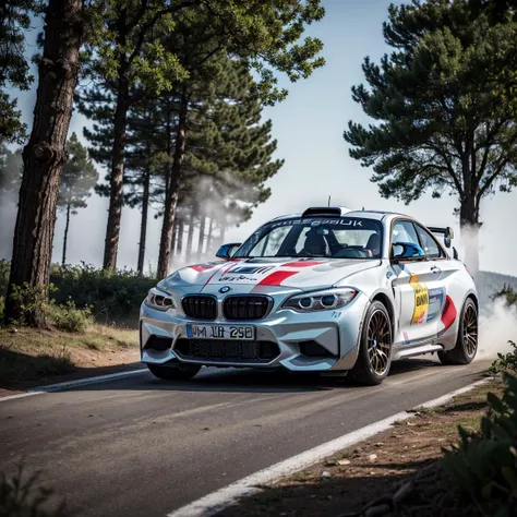 (best quality, photorealistic, hyper realistic, masterpiece:1.3), (bmw m2 rally car), very fast, high quality, highres, 4k, 8k, film grain, forest, smoke, fog, trees, <lora:add_detail:0.6>