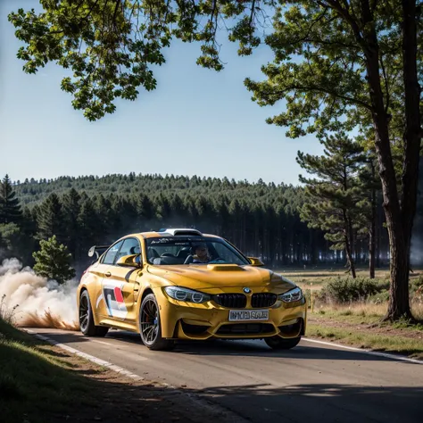 (best quality, photorealistic, hyper realistic, masterpiece:1.3), (bmw m4 rally car), very fast, high quality, highres, 4k, 8k, film grain, forest, smoke, fog, trees, <lora:add_detail:0.6>