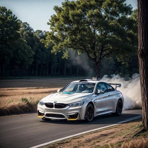 (best quality, photorealistic, hyper realistic, masterpiece:1.3), (bmw m4 rally car), very fast, high quality, highres, 4k, 8k, film grain, forest, smoke, fog, trees, <lora:add_detail:0.6>