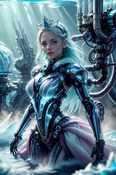 (best quality, photorealistic, masterpiece:1.3), 20 year old girl, cute and adorable, very long hair, (princess dress:1.3), character focus portrait, solo, (full body:0.6), looking at viewer, detailed background, detailed face, serene expression, cybergirl, wearing colorful sci-fi water clothes, calm posture, glowing water, magic steam, (style-swirlmagic:0.8),  rock, glowing red flowers, violets,   rays of light,  aqua city background, waterfalls , ethereal  atmosphere, cyber city, highly detailed textures, intricate details,   <lora:HydroTech-20:0.9>, hydrotech , scifi, aquatic, aqua armor, <lora:FrostRaceTech-20:0.8>, frostracetech, cryogenic , sci-fi, long hair, open arms, front view ,glacier, frost water, cold region, aurora