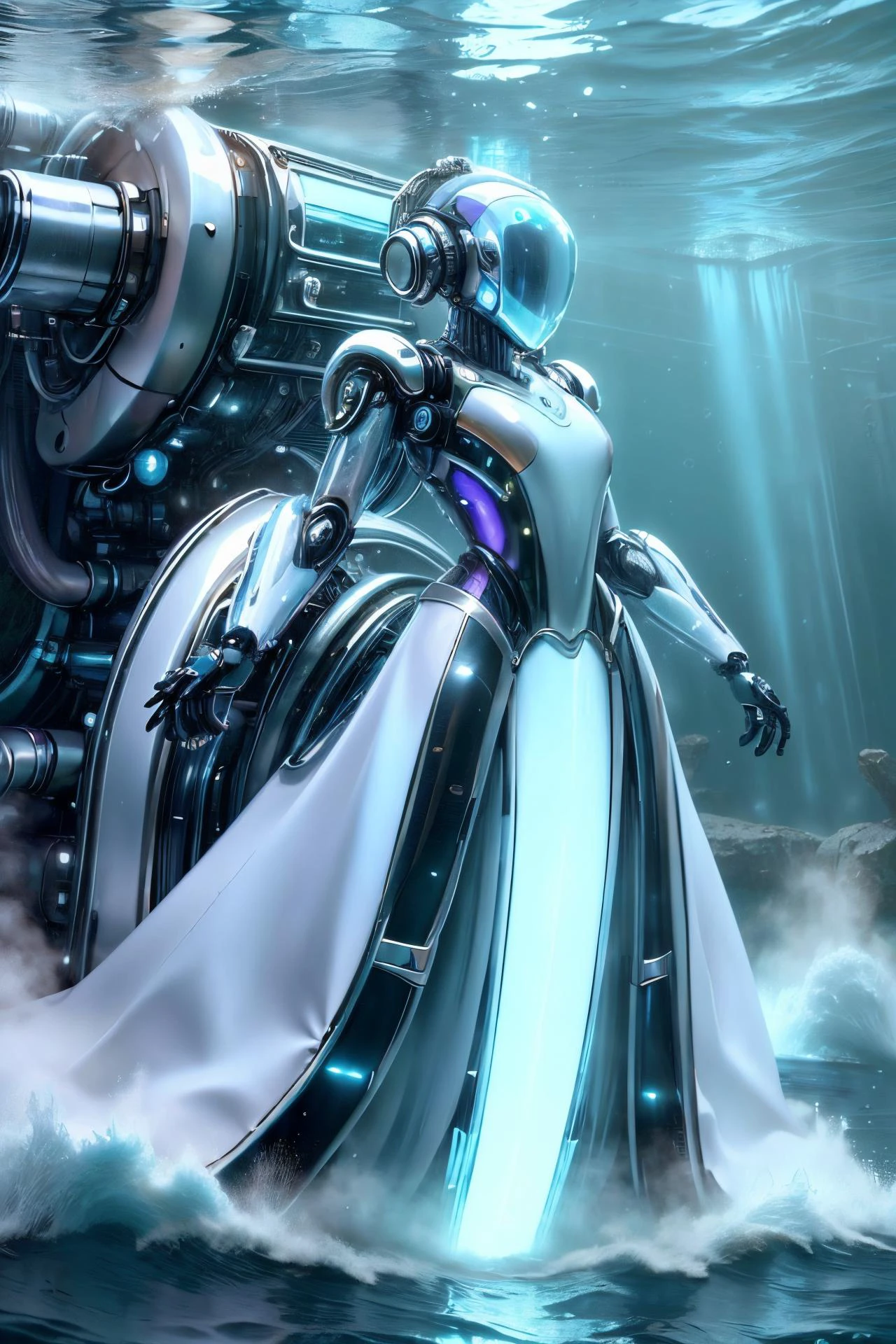 (best quality, photorealistic, masterpiece:1.3), 20 year old girl, cute and adorable, very long hair, (princess dress:1.3), character focus portrait, solo, (full body:0.6), looking at viewer, detailed background, detailed face, serene expression, cybergirl, wearing colorful sci-fi water clothes, calm posture, glowing water, magic steam, (style-swirlmagic:0.8), rock, glowing red flowers, violets, rays of light, underwater city, waterfalls , ethereal atmosphere, cyber city, highly detailed textures, intricate details, <lora:HydroTech-20:0.9>, hydrotech , scifi, aquatic, aqua armor, <lora:NeoFuturisticTech-20:0.8>,neotech,sleek, underwater, water robots, scifi machines, water plants