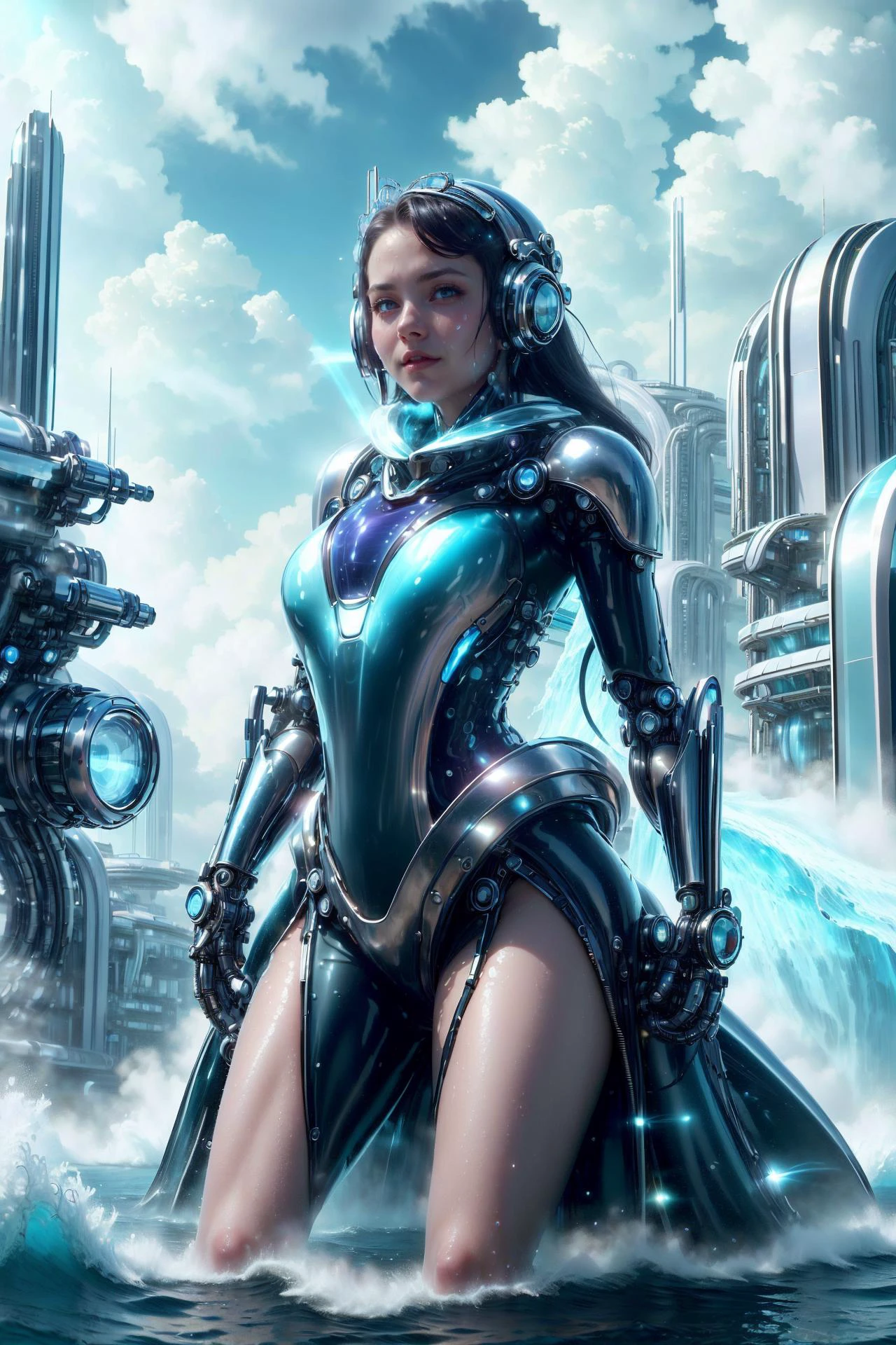 (best quality, photorealistic, masterpiece:1.3), 20 year old girl, cute and adorable, very long hair, (princess dress:1.3), character focus portrait, solo, (full body:0.6), looking at viewer, detailed background, detailed face, serene expression, cybergirl, wearing colorful sci-fi water clothes, calm posture, glowing water, magic steam, (style-swirlmagic:0.8), rock, glowing red flowers, violets, rays of light, aqua city background, waterfalls , ethereal atmosphere, cyber city, highly detailed textures, intricate details, <lora:HydroTech-20:0.9>, hydrotech , scifi, aquatic, aqua armor, <lora:NeoFuturisticTech-20:0.8>,neotech,sleek,