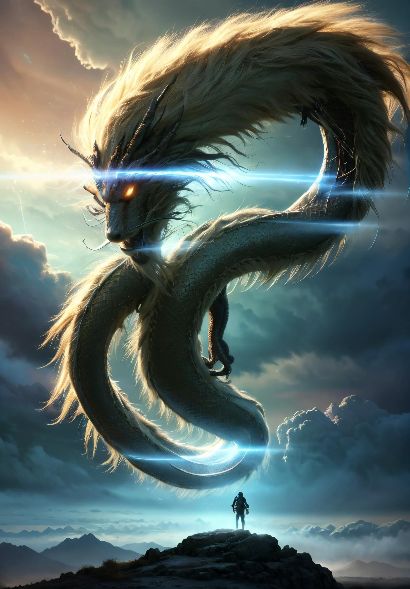 best quality, ultra high res, (photorealistic:1.4), luminescent, illusion, atmospheric scene, (detailed beautiful face, detail skin texture, ultra-detailed body:1.1),
<lora:PAseerEasternDragonV3:0.8> super huge dragon, solo, sky, landscape, glowing, on the sky, clouds, atmospheric, thunders,
<lora:AntimatterTech-20:0.8>, antitech, light particles, detailed background, scifi