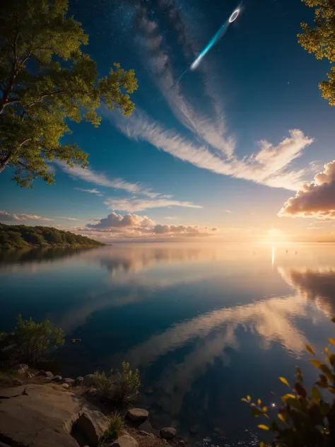 masterpiece, best quality, extremely detailed cg unity 8k wallpaper, scenery, no humans, bubble, sky, nature, tree, star (sky), blue theme, forest, night, outdoors, signature, starry sky, night sky, cloud, air bubble, underwater, artist name, water, fantasy, moon, cloudy sky, water drop, blue sky, planet, reflection, sunlight, light rays, blurry, light particles
