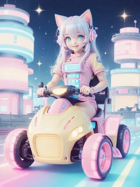 <lora:KawaiiTech-20:1>, kawaiitech,pastel color, kawaii, cute colors ,scifi, pink, scholar , scroll, 1girl ,long hair, pale skin,white hair, glowing eyes, smile, cat ears, driving cute kart racer around cute racetrack