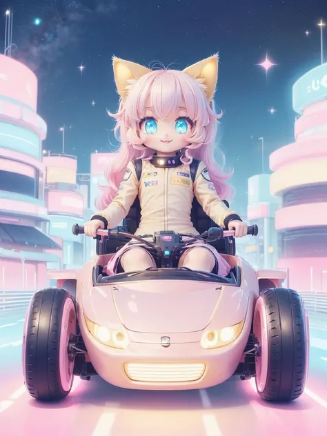 <lora:KawaiiTech-20:1>, kawaiitech,pastel color, kawaii, cute colors ,scifi, pink, scholar , scroll, 1girl ,long hair, pale skin,white hair, glowing eyes, smile, cat ears, driving cute kart racer around cute racetrack