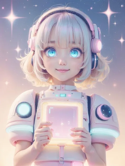 <lora:KawaiiTech-20:1>, kawaiitech,pastel color, kawaii, cute colors ,scifi, pink, scholar , scroll, 1girl ,long hair, pale skin,white hair, glowing eyes, smile ,closed mouth,bob cut,