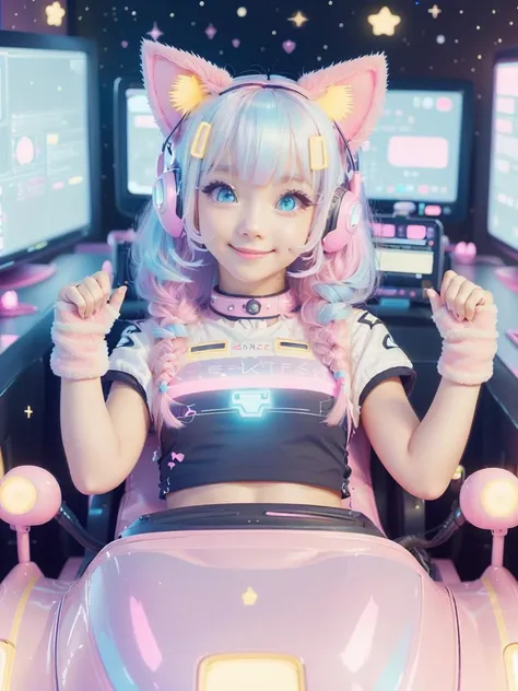 <lora:KawaiiTech-20:1>, kawaiitech,pastel color, kawaii, cute colors ,scifi, pink, scholar , scroll, 1girl ,long hair, pale skin,white hair, glowing eyes, smile, cat ears, driving cute kart racer around cute racetrack