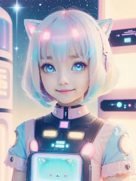 <lora:KawaiiTech-20:1>, kawaiitech,pastel color, kawaii, cute colors ,scifi, pink, scholar , scroll, 1girl ,long hair, pale skin,white hair, glowing eyes, smile ,closed mouth,bob cut,