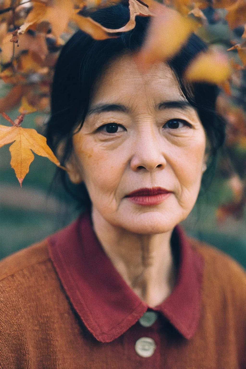 An older woman adorned in warm autumn colors, surrounded by falling leaves. Realistic features showcase the grace and elegance that come with age, creating a portrait that radiates serenity and the beauty of the autumn years., 8K,best quality:1.2,photographed by SONY A7000,photo,photorealistic,ultrahigh-res,High detail RAW color photo professional photograph,real human skin,film grain,<lora:GoodHands-beta2:1>