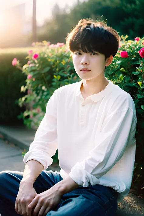 ((ultra detailed, masterpiece, absurdres)),
QuarryDylan,1boy,solo,brown hair,brown eyes,sitting in a garden,roses,colorful,sundown,cinematic lighting,