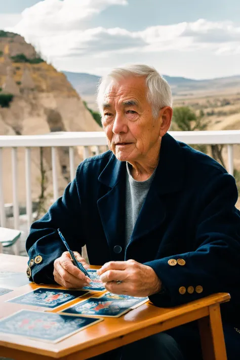 old man,short hair,pea coat,(masterpiece, best quality:1.6),Fall,Cappadocia,Turkey,playing card games,Rickety,