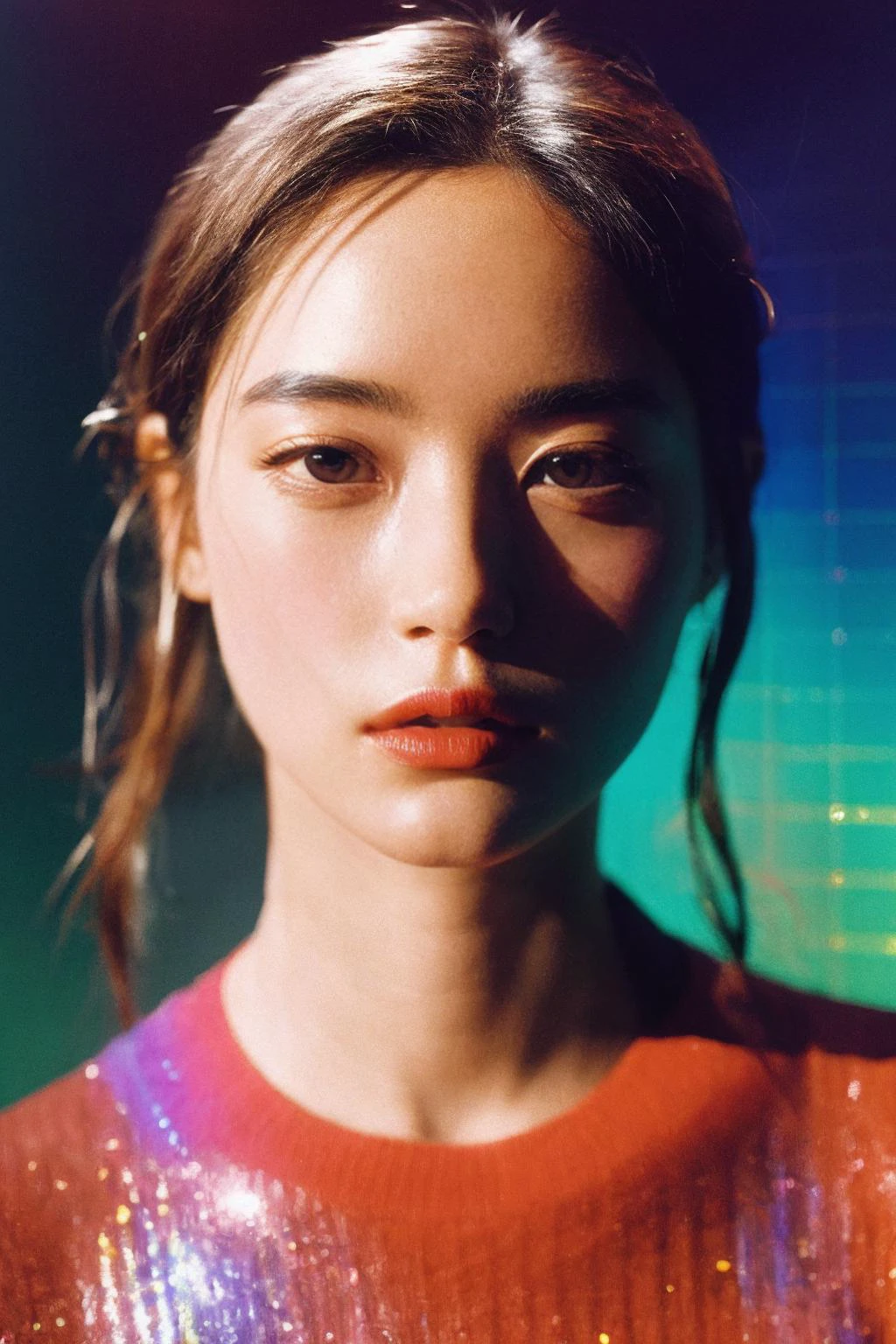 A portrait of a woman with holographic elements and a surreal digital backdrop. Realistic facial features seamlessly integrate with the futuristic, creating an otherworldly and mesmerizing effect. The observer is captivated by the synergy of the organic and the technological., 8K,best quality:1.2,photographed by SONY A7000,photo,photorealistic,ultrahigh-res,High detail RAW color photo professional photograph,real human skin,film grain,<lora:GoodHands-beta2:1>