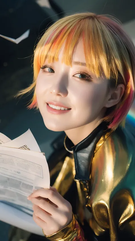 masterpiece,best quality,aesthetic,detailed face,subsurface scattering,from above,
wrenchsfantasy,fantasy,1girl,photo of a cute girl,light smile,charming,20yo,Updo Hair.Bald,Metallic gold hair,glowing,cloud,colorful || starry,stars,paperexplosion,surrounded by papers,papers flying in the air,papers flying from,
space_style,style-swirlmagic,style-sylvamagic,rainbow-candy,illumination,divine light,revived holy magic,spread magical colors,enchanted,new fine detail,full cinematic perfect,creative,shiny,spiritual,dramatic epic,magnificent,great artistic,beautiful,stunning,intricate,