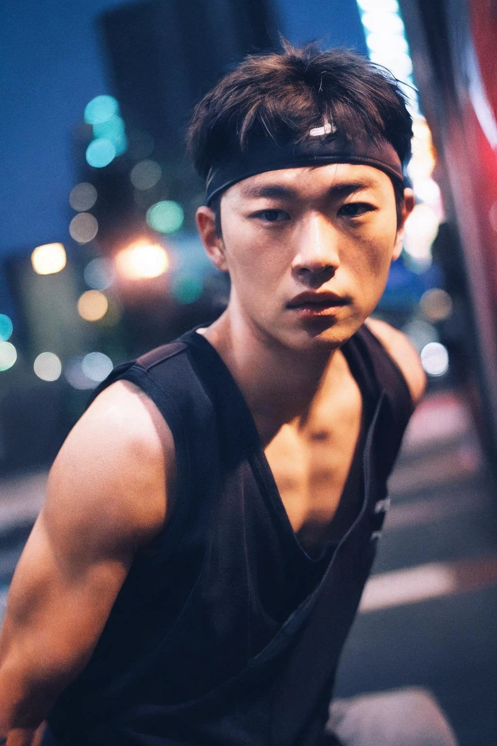 A portrait of a modern-day ninja in an urban environment, with realistic details and a dynamic pose. The observer is drawn into the action as the subject exudes a blend of strength and grace against the backdrop of city lights., 8K,best quality:1.2,photographed by SONY A7000,photo,photorealistic,ultrahigh-res,High detail RAW color photo professional photograph,real human skin,film grain,<lora:GoodHands-beta2:1>