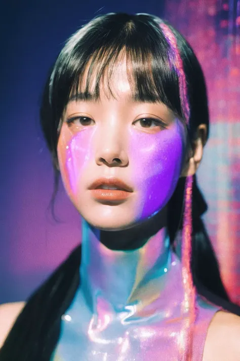 A portrait of a woman with holographic elements and a surreal digital backdrop. Realistic facial features seamlessly integrate with the futuristic, creating an otherworldly and mesmerizing effect. The observer is captivated by the synergy of the organic and the technological., 8K,best quality:1.2,photographed by SONY A7000,photo,photorealistic,ultrahigh-res,High detail RAW color photo professional  photograph,real human skin,film grain,<lora:GoodHands-beta2:1>