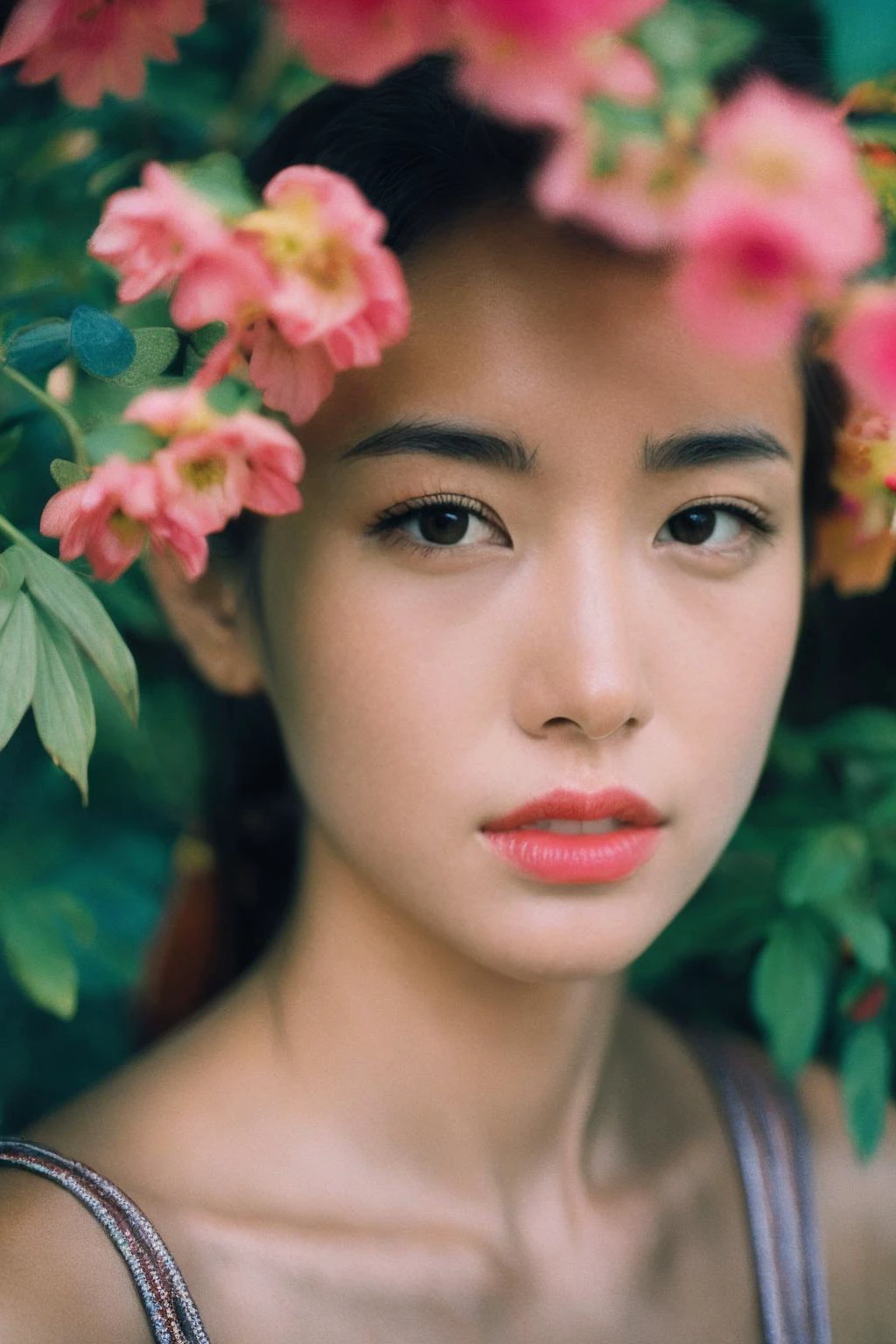 A woman adorned with golden accessories, surrounded by vibrant flowers and foliage. Realistic features merge with the richness of nature, creating a portrait that celebrates the beauty of the Earth. The observer is enchanted by the goddess-like presence of the subject., 8K,best quality:1.2,photographed by SONY A7000,photo,photorealistic,ultrahigh-res,High detail RAW color photo professional photograph,real human skin,film grain,<lora:GoodHands-beta2:1>