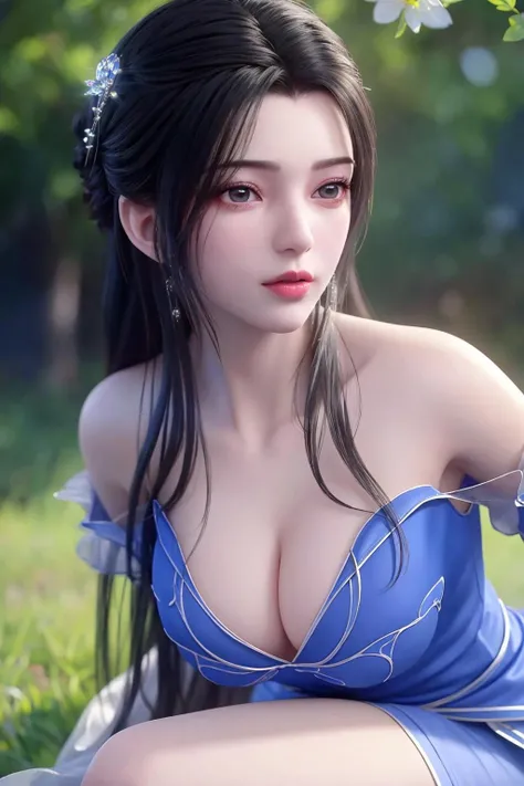 (8k, RAW photo, best quality, masterpiece:1.2),(realistic, photo-realistic:1.4), ultra-detailed, extremely detailed cg 8k wallpaper,(crystalstexture skin:1.2), (extremely delicate and beautiful),
1girl,solo, realistic,black hair,long hair,bare shoulders,blue dress,large breasts,cleavage, looking at viewer, <lora:limuwan-000003:0.6>,sitting,outdoors,leaning forward,